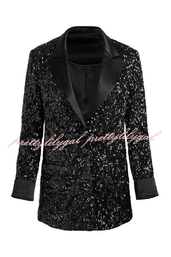 Sparkle Season Sequin Satin Long Sleeve Lapel Formal Party Blazer