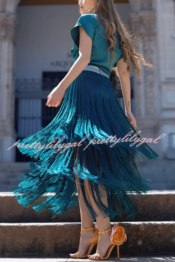 Elegant Tassel Hem Elastic Waist Casual Maxi Skirt