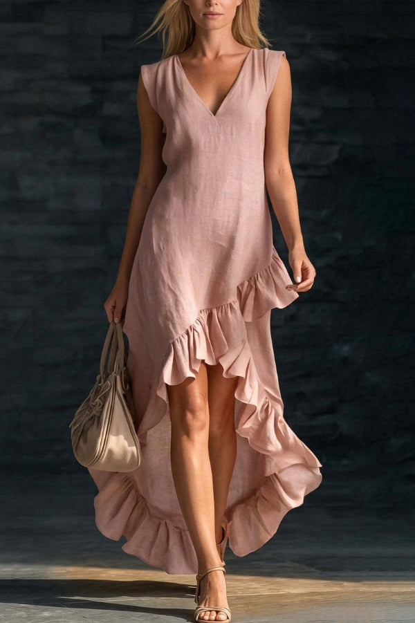 linen ruffle maxi dress Linen Blend V-neck Sleeveless Ruffled Hem Casual Maxi Dress – prettylilygal