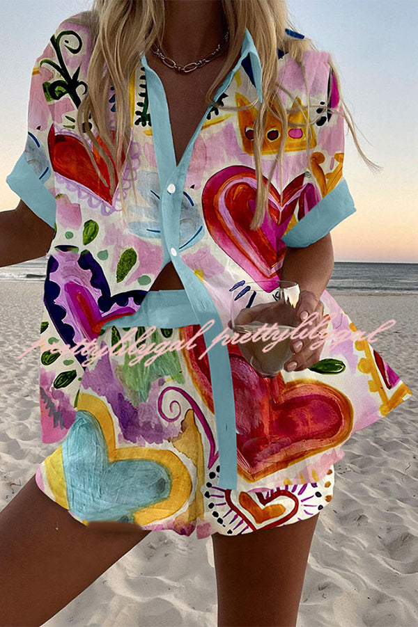 Colorful Heart Print Loose Button Elastic Waist Shorts Set