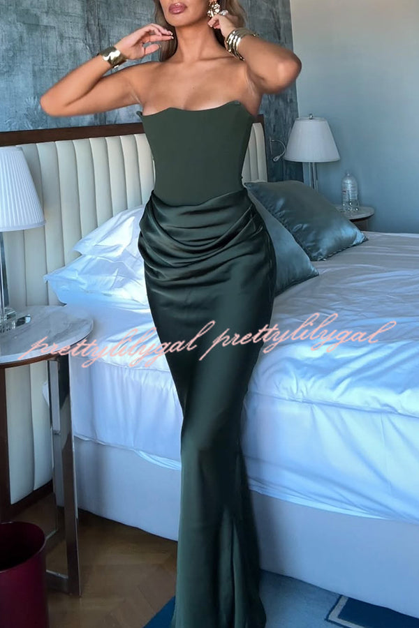 Attend The Gala Strapless Corset Satin Ruched Hip Drape Maxi Dress