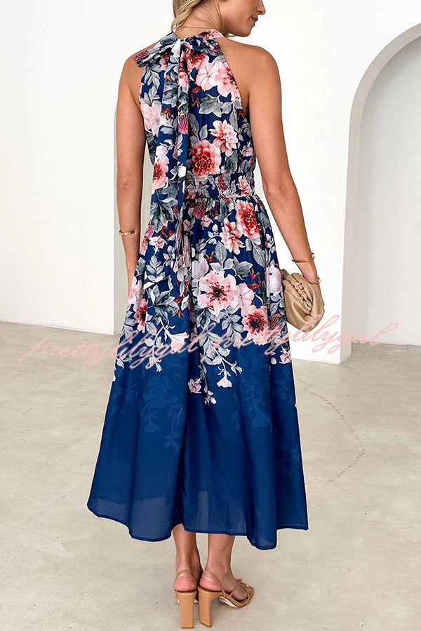 Floral Print Halterneck Tie Zip Smocked Maxi Dress