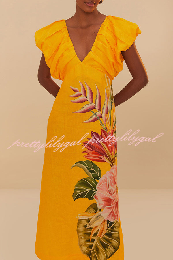 Plant Print V-neck Open Back Holiday Style Slit Midi Dress