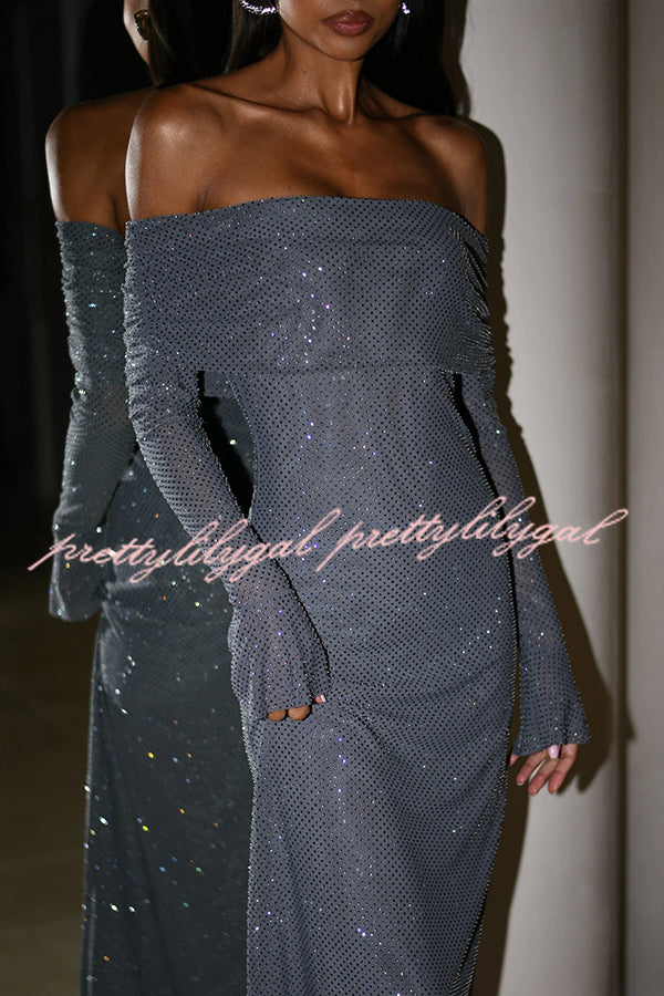 Sexy Shiny Off-The-Shoulder Long-Sleeved Fitted Maxi Dress