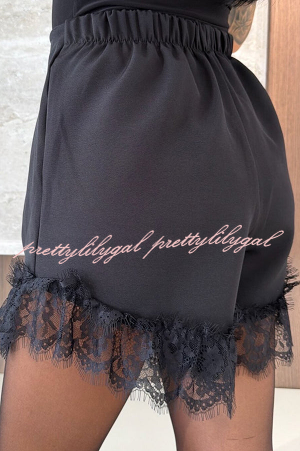 Amazing Items Lace Trim High Rise Elastic Waist Loose Mini Shorts
