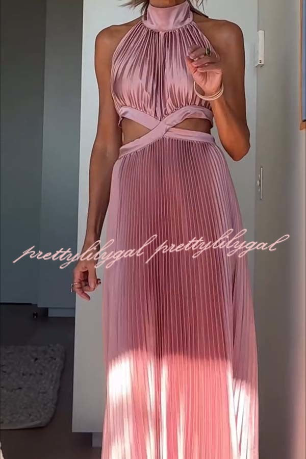 Stunning Choice Satin Pleated Halter High Neck Cutout Waist Backless Maxi Dress