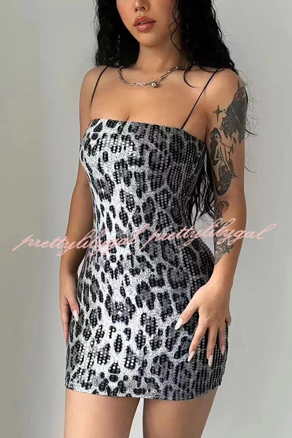 Leopard Print Sequin Sexy Sling Slim Fit Mini Dress