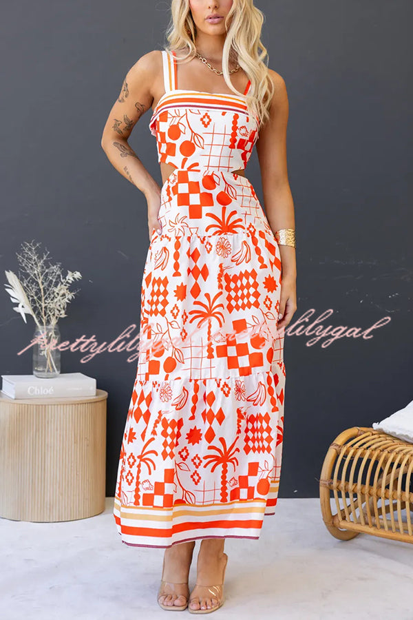 Unique Print Waist Cutout Back Gathered Suspender Maxi Dress