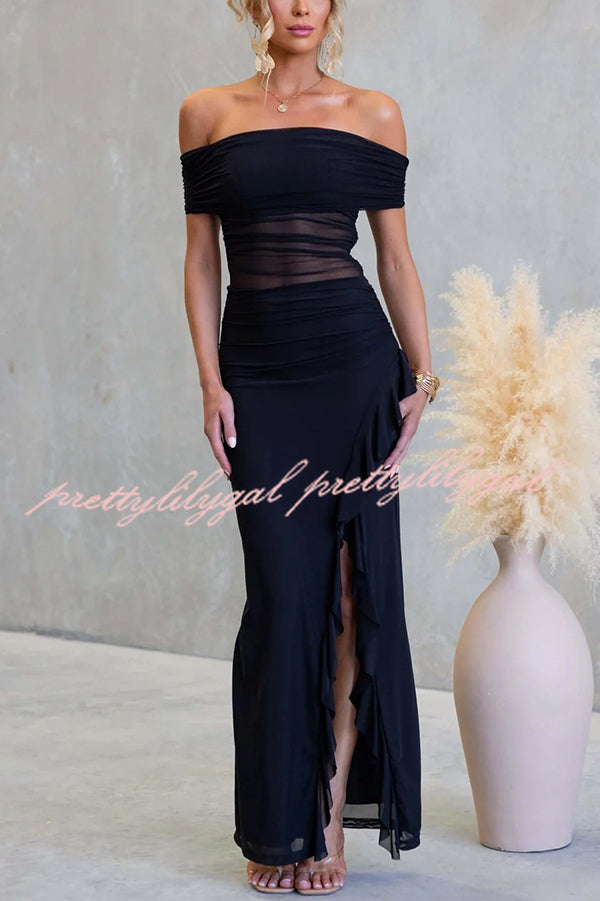 Sexy Mesh Off-shoulder Slim Fit Ruffled Slit Maxi Dress