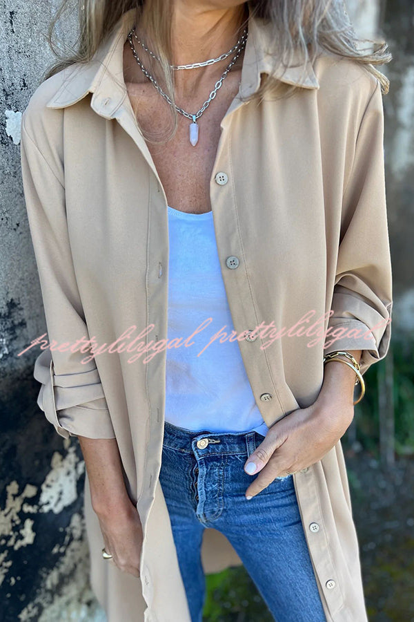 Solid Color Lapel Long Sleeve Button Casual Long Shirt