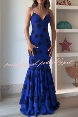 Eliora Mesh Polka Dot Print Gathered Bust Layered Fishtail Hem Maxi Dress