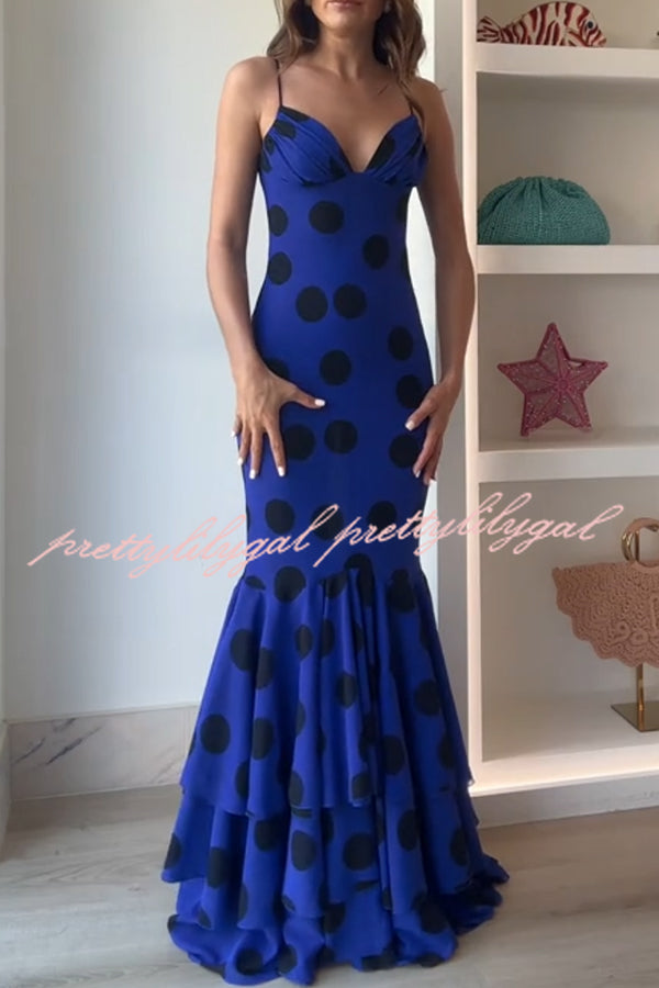 Eliora Mesh Polka Dot Print Gathered Bust Layered Fishtail Hem Maxi Dress