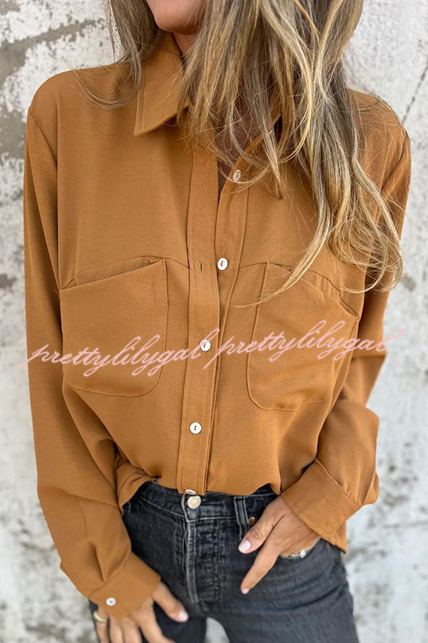 Solid Color Lapel Button Pocket Casual Long Sleeve Shirt