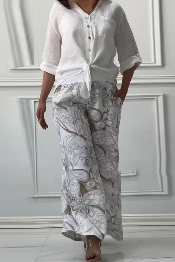 Fashion Lapel Long Sleeve Casual Shirt and Unique Print Elastic Waist Pocket Wide Leg Pants Set