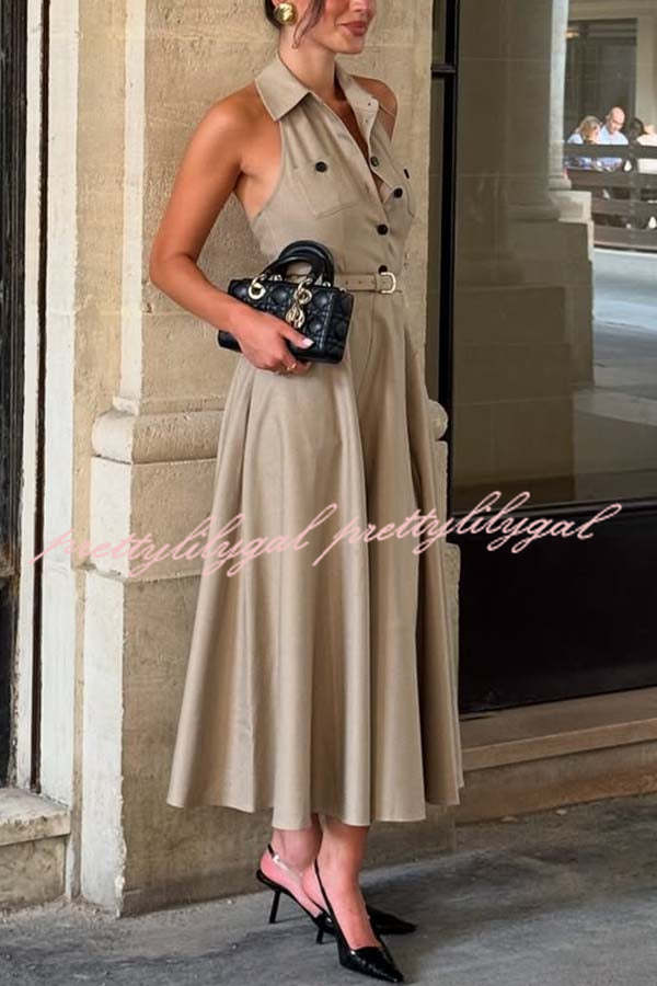 Charmed To Meet You Button Up Belted Pocket Halter Shirt Flare Midi Dress