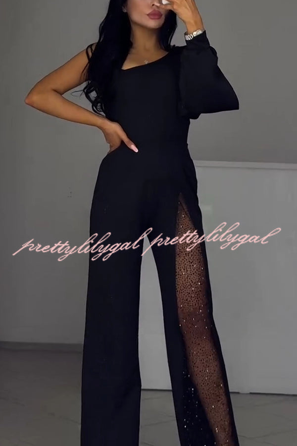 Fashionable Oblique Shoulder One-sleeve Sexy High Slit Slim Jumpsuit