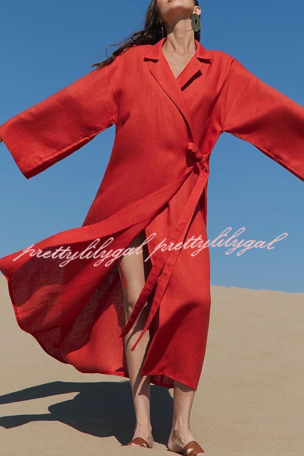 Linen Blend Solid Color Casual Lapel Tie Loose Maxi Dress