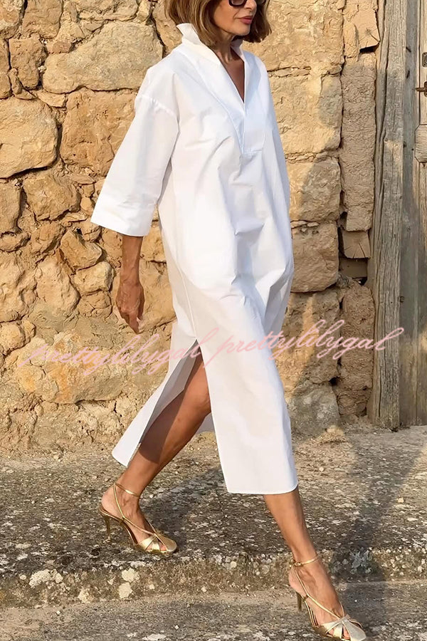 Solid Color V-neck Half-sleeve Loose Slit Midi Dress