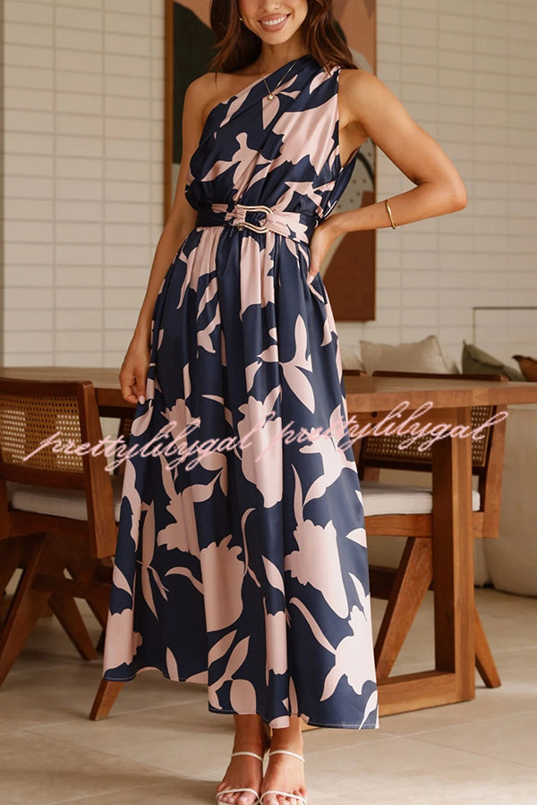 Unique Print Sleeveless One Shoulder Belted Maxi Dress