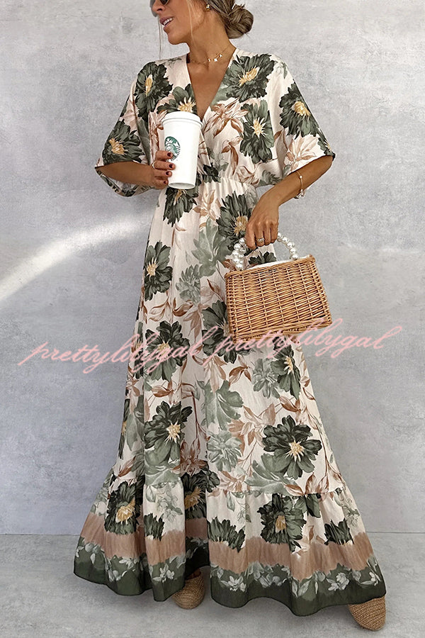 Floral Print V-neck Short Sleeve Waist Loose Full Hem Maxi Dress