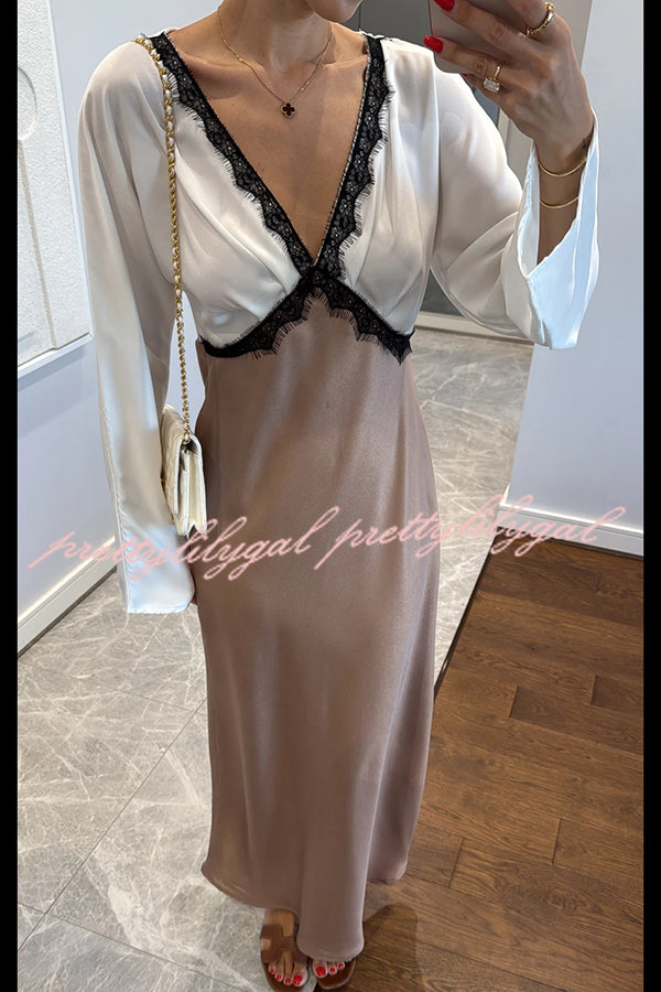 Lainei Contrast Color Satin Lace Trim V-neck Long Sleeve Maxi Dress