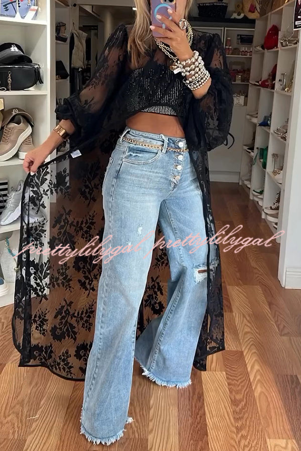 Fashion Denim Button Pocket Ripped Raw Edge Loose Jeans