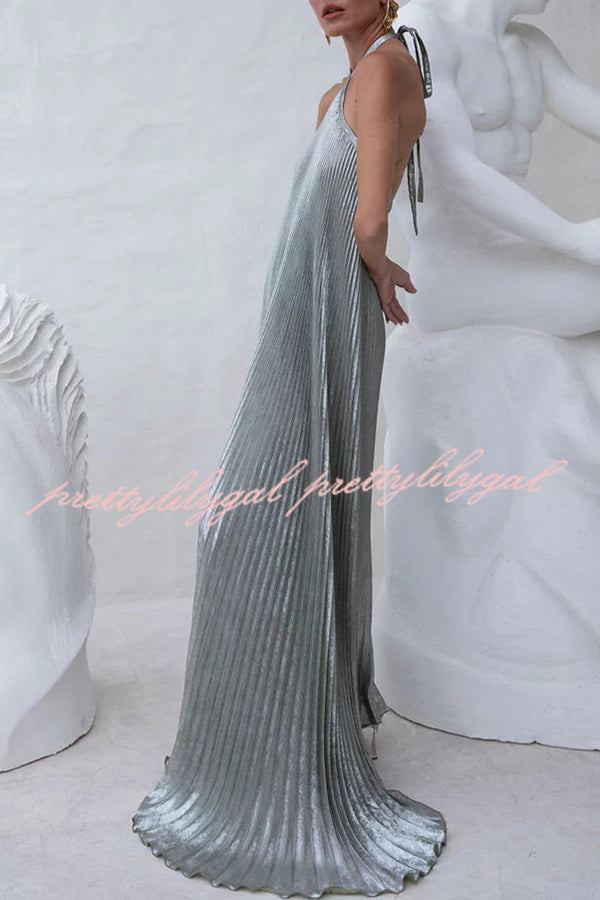 Elegant and Gorgeous Shimmer Fabric Halter A-line Maxi Dress