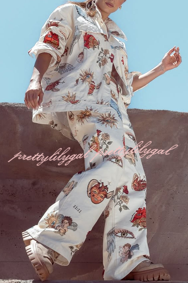Angel Wings Denim Unique Print Button Up Long Sleeve Pocketed Relaxed Jacket