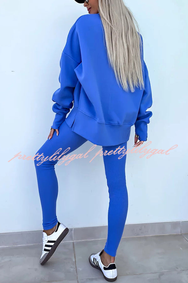 Solid Color Loose Long Sleeve SlitSweatshirt and Elastic Waist Tight Pants Set