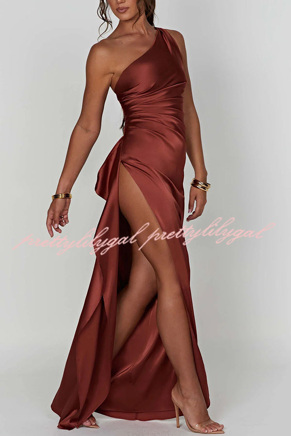 Fits Your Curves Satin One Shoulder Drape Slit Maxi Dress