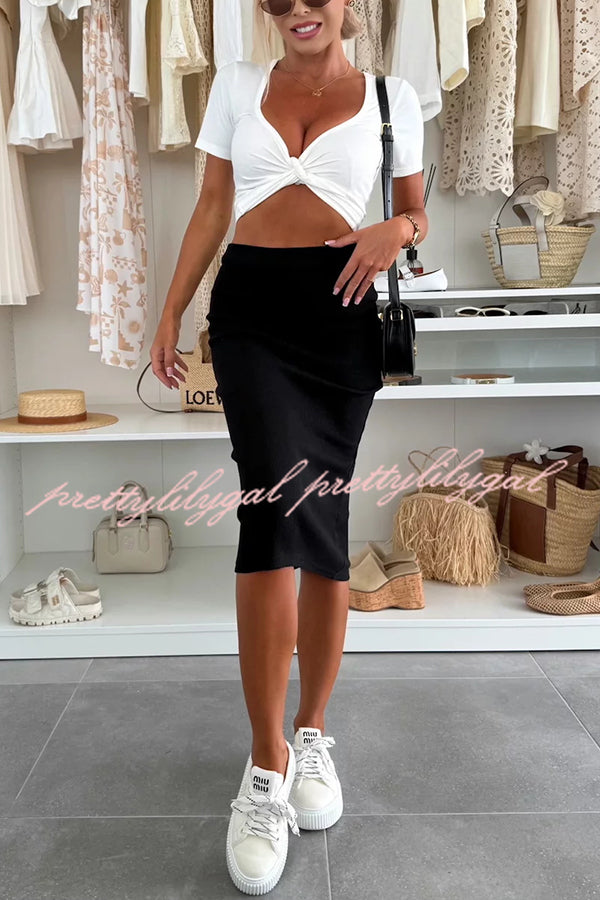 Perfect Basics Ribbed Knit Elastic Waistband Stretch Midi Skirt