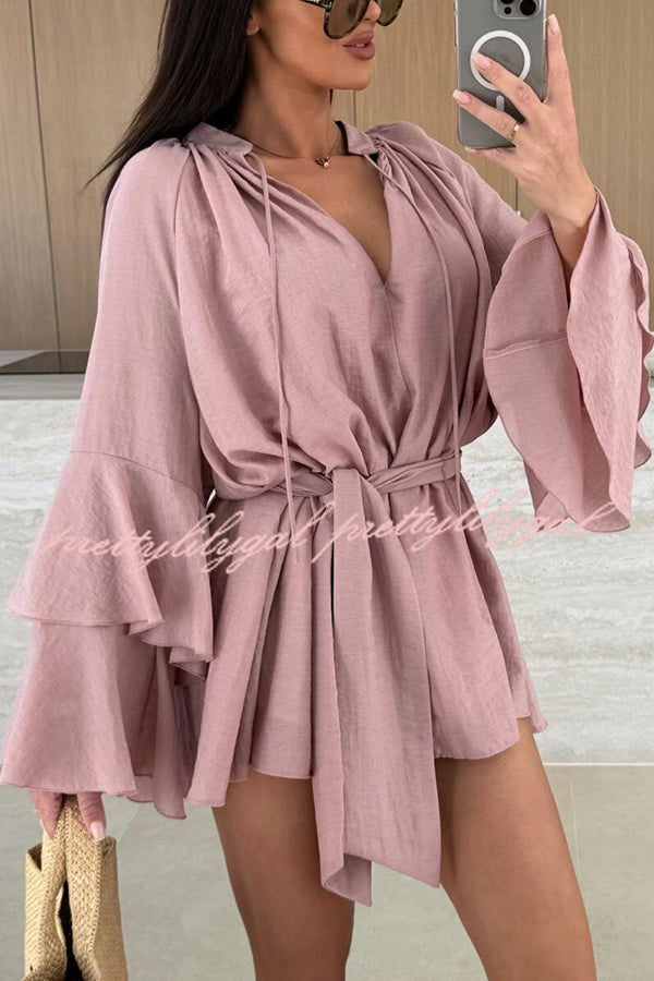 Solid Color V-neck Ruffled Long Sleeve Waist Tie Mini Dress