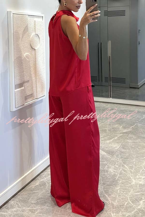 Classic on You Satin High Cowl Neck Top and Elastic Waist Pocket Loose Pants Set