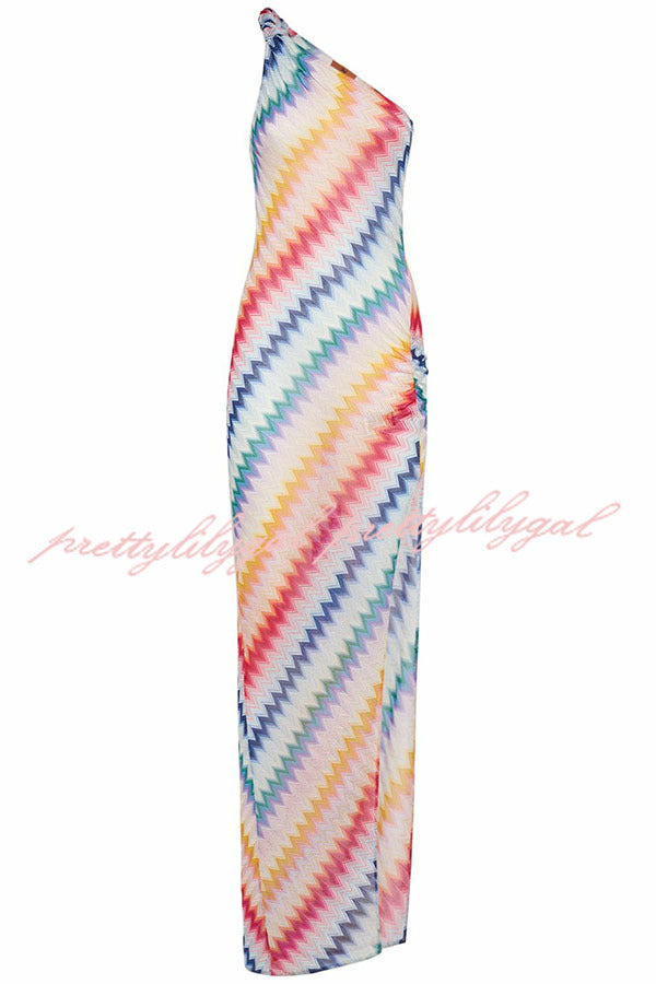 Vacay Charm Knit Colorful Zigzag Pattern One Shoulder Slit Maxi Dress