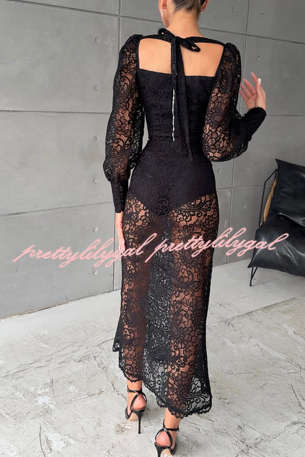 Timeless Moment Floral Lace Square Neck Button Up Balloon Sleeve Top