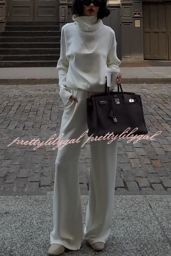 Morning Coffee Walks Ribbed Turtleneck Long Sleeve Sweatshirt and Elastic Waist Pocketed Loose Pants Set