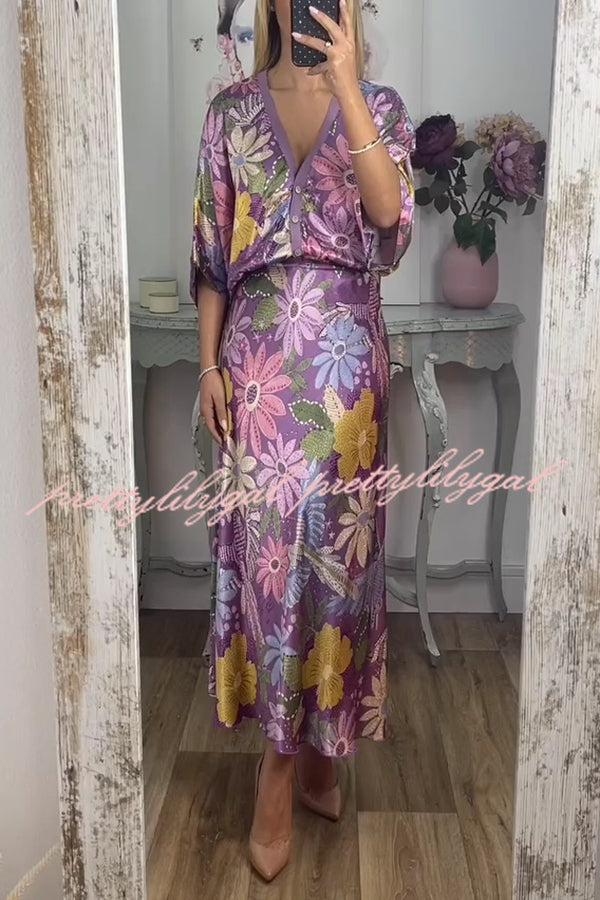 Satin Floral Print V-neck Half-sleeve Loose Top and Elegant Maxi Skirt Set