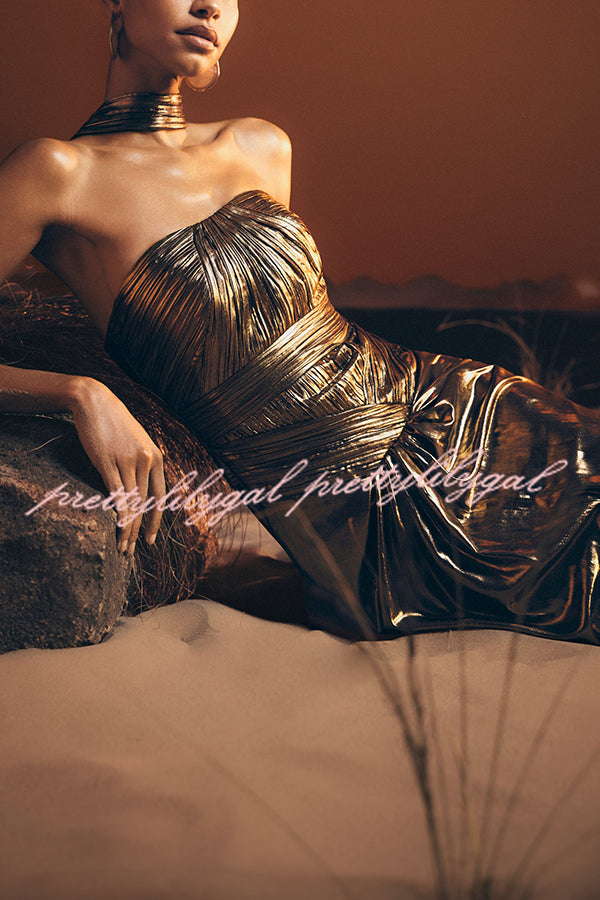 Clemence Plisse Metallic Fabric Reverse Halter Beck Strap Drape Slit Maxi Dress