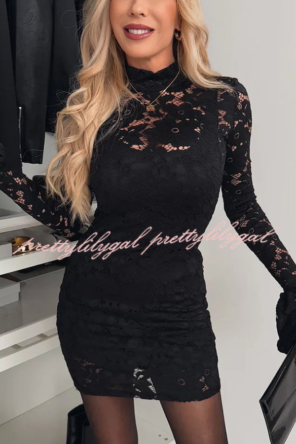 Light and Elegant Floral Lace High Neck Bell Sleeves Stretch Mini Dress