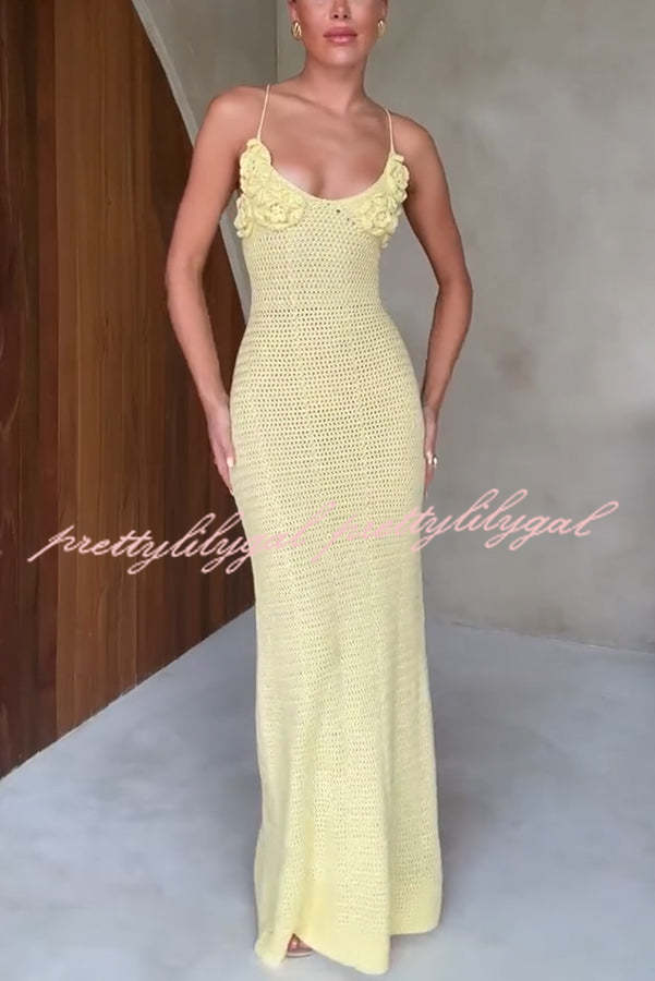 Olivia Crochet Knit Rose Texture Backless Stretch Maxi Dress