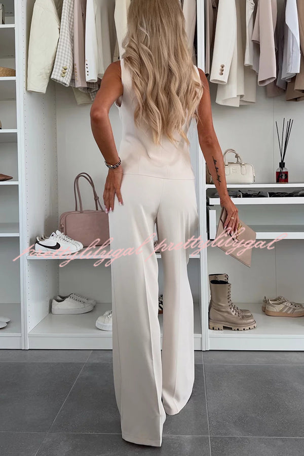 Workplace Chic Sleeveless Button Vest and Relaxed Pocket Wide Leg Pants Set
