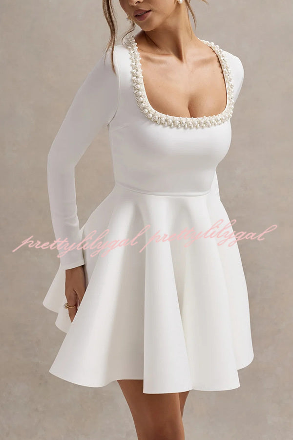 Playful Elegance Pearl Embellished Trim Long Sleeve Pleated Mini Dress