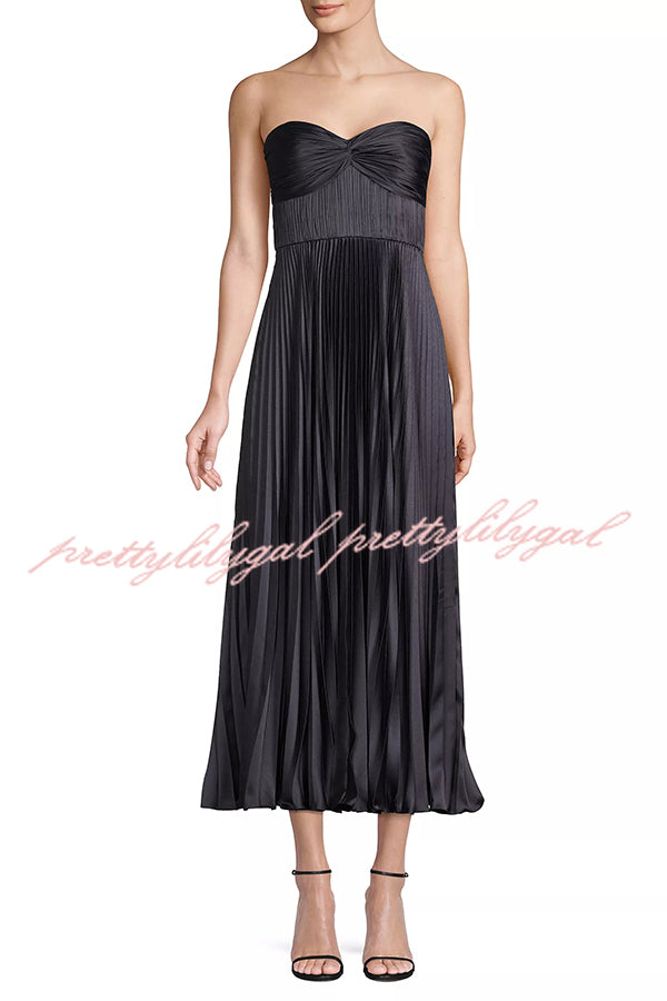 Love Note Satin Sweetheart Twist Off Shoulder Pleated Maxi Dress