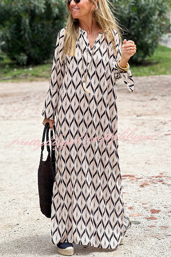 Unique Printed Long Sleeve V-neck Loose Maxi Dress