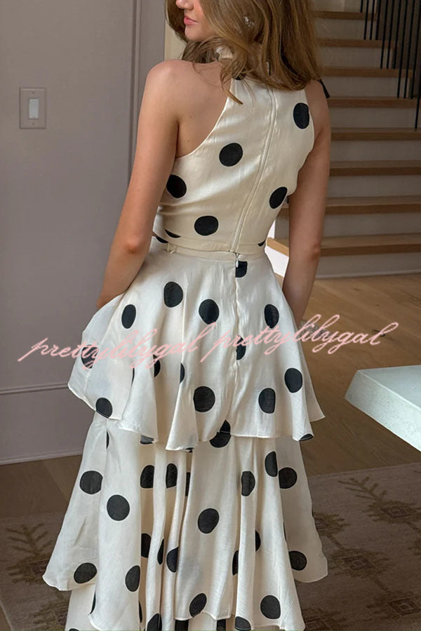 Gift To You Polka Dot Print High Neck Sleeveless Top and Layered Hem Maxi Skirt Set