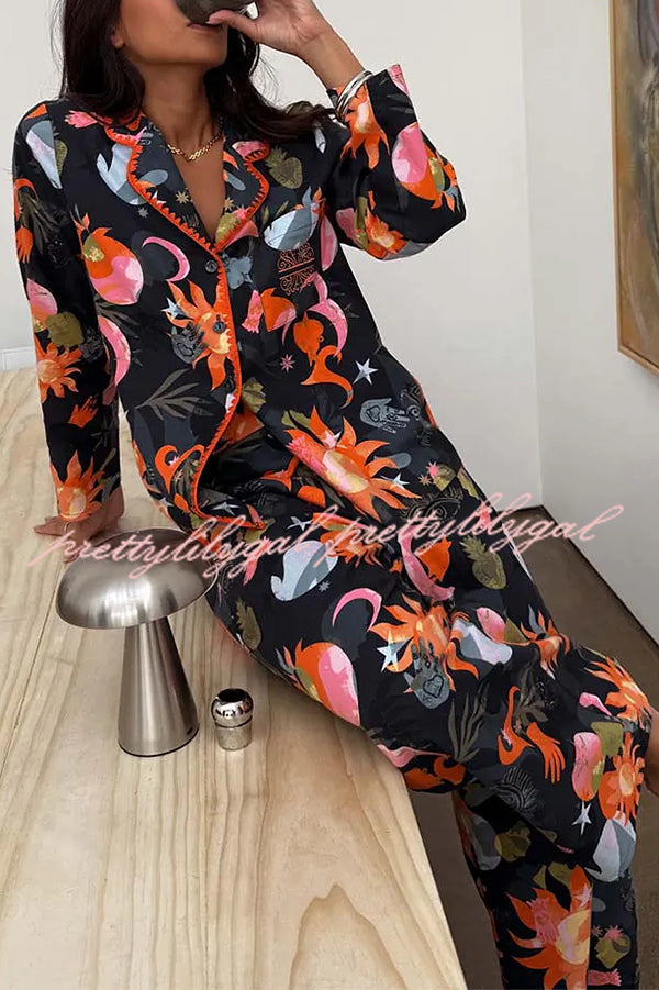 Evening Routine Unique Print Color-block Trim Loose Shirt and Elastic Waist Pocketed Pajama Set