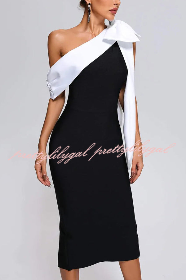 Elegant Evening Look One Shoulder Bandage Bow Stretch Midi Dress