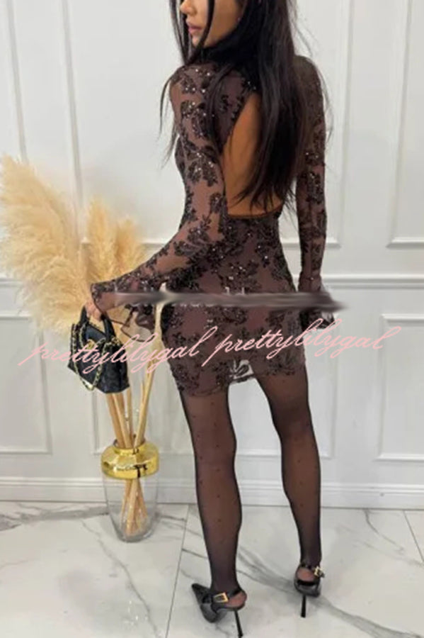 Deep and Dazzling Floral Texture Sequin Long Bell Sleeve Open Back Mini Dress