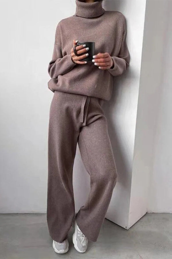 Solid Color Turtleneck Long-sleeved Knit Top and Elastic Waist Casual Pants Set