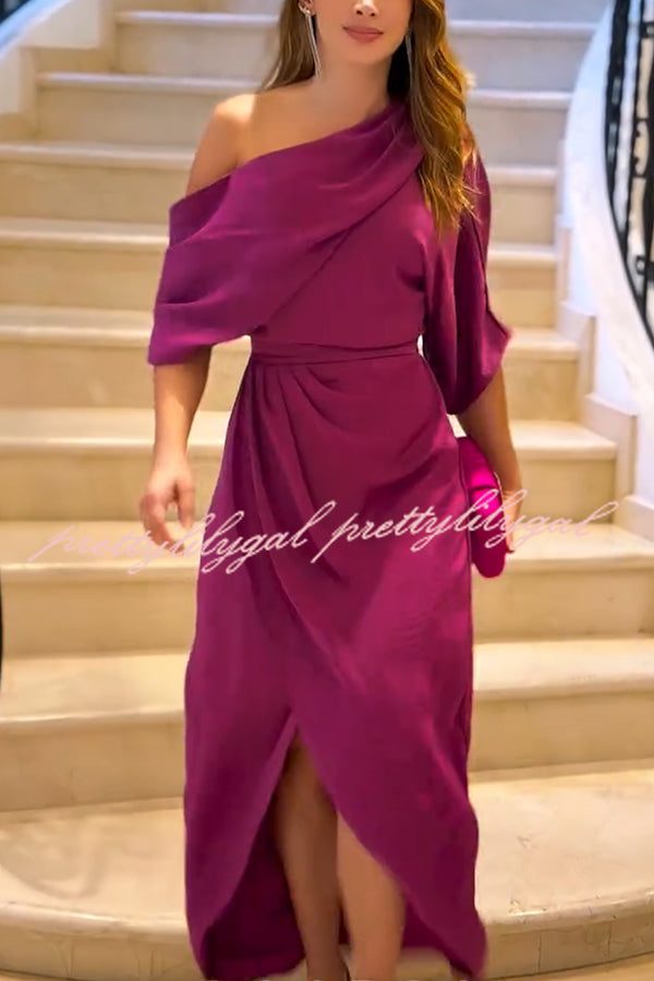 Whispered Yes Satin Irregular Lapel Neckline Design Ruched Maxi Dress